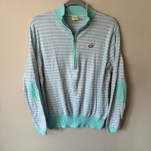 New! Peter Millar Masters Women’s L Pink and Blue Stripe Sweater 1/4 Zip - Picture 1 of 5
